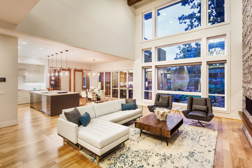 Beautiful living room with hardwood floors, fireplace and couch in new luxury home