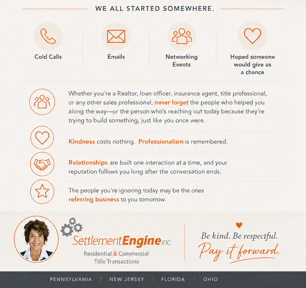 WE ALL STARTED SOMEWHERE. Cold Calls. Emails. Networking Events. Hoped someone would give us a chance. Whether you’re a Realtor, loan officer, insurance agent, title professional, or any other sales professional, never forget the people who helped you along the way—or the person who’s reaching out today because they’re trying to build something, just like you once were. Kindness costs nothing. Professionalism is remembered. Relationships are built one interaction at a time, and your reputation follows you long after the conversation ends. The people you’re ignoring today may be the ones referring business to you tomorrow. SettlementEngine Inc. Residential & Commercial Title Transactions. Be kind. Be respectful. Pay it forward. PENNSYLVANIA | NEW JERSEY | FLORIDA | OHIO